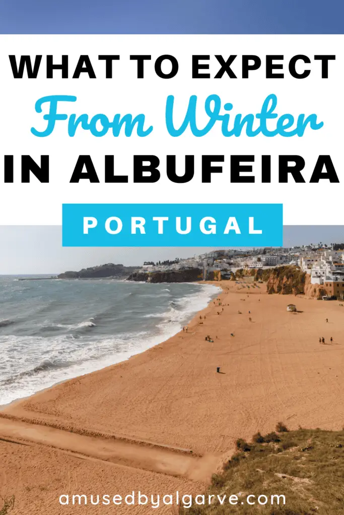 A Pinterest Pin design with a picture of an empty beach and the text "Winter in Albufeira Portugal"